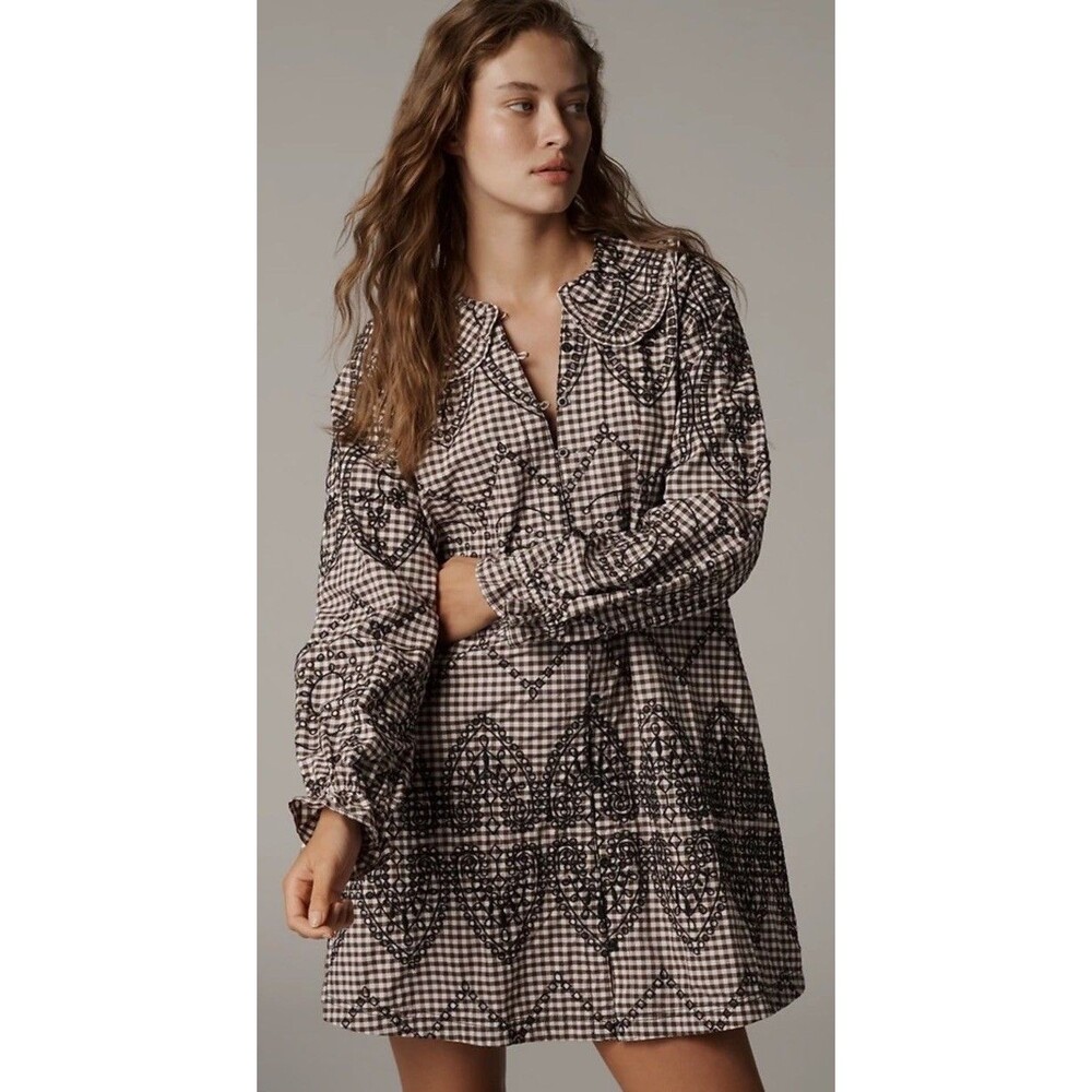 Pilcro Anthro Keira Shirt Dress XS Brown Gingham Embroidered Peter Pan Collar
